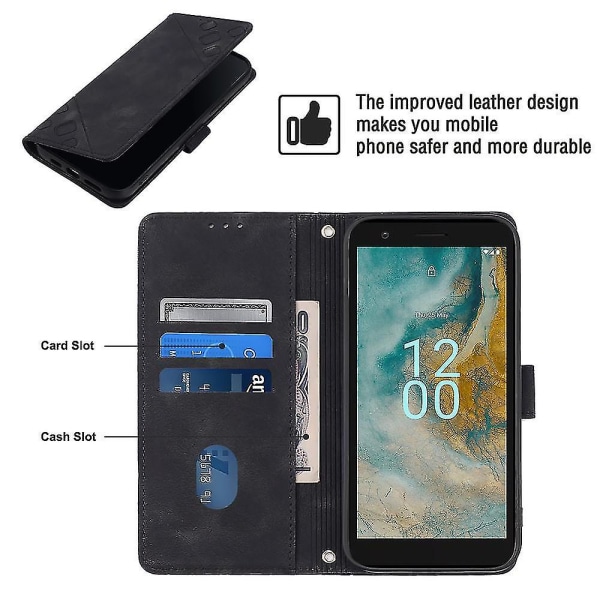 Imprinting Series-6 Nokia C02 Anti-Dust -puhelimen cover Nahkainen lompakkoteline phone case Black
