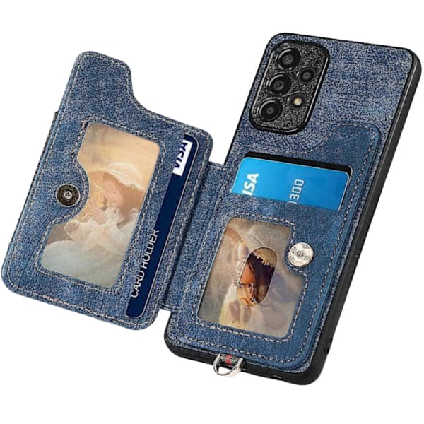 Lærfutteral for iPhone 11 med 360 Stativ & Magnetisk Kortholder - Blå TPU Bakside [JUN]