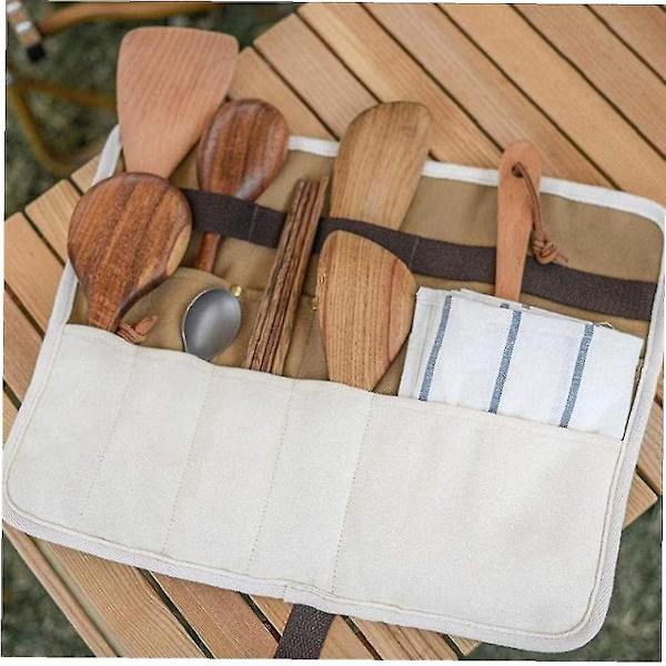 Bestik Rulle Opbevaringspose Holder Camping Bestik Spisesæt Pinde Ske Gaffel Organizer Udendørs Picnic Bbq Bestik Opbevaring Pakke Khaki 1stk