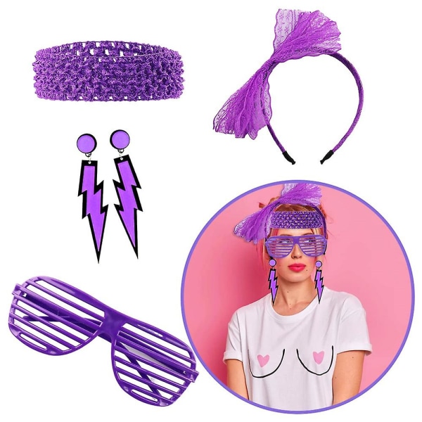 Kvinner 80-talls Fancy Dress Tilbehør Retro Festkostymesett Tutu-skjørt Neon Fishnet Hansker Brille Bum Bag Beaded Halskjede Armbånd Purple