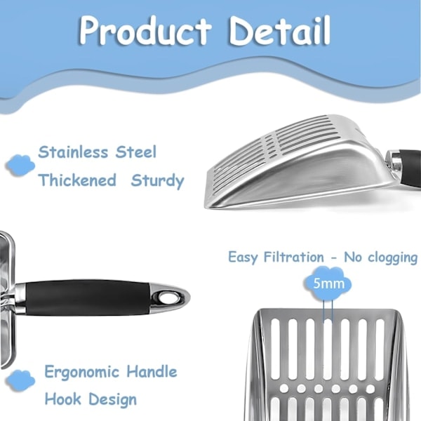 Cat Litter Scoop, Stainless Steel Cat Litter Shovel, Deep Shovel Cat Litter Sifter with Hook and Short Handle - Cat Litter Box Scoop
