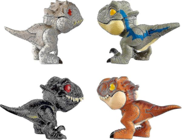 4-pack Jurassic World Dinosaur Snap Squad Samlarobjekt för Visning, Lek och Fästfunktion för Ryggsäckar, Lunchväskor Wg