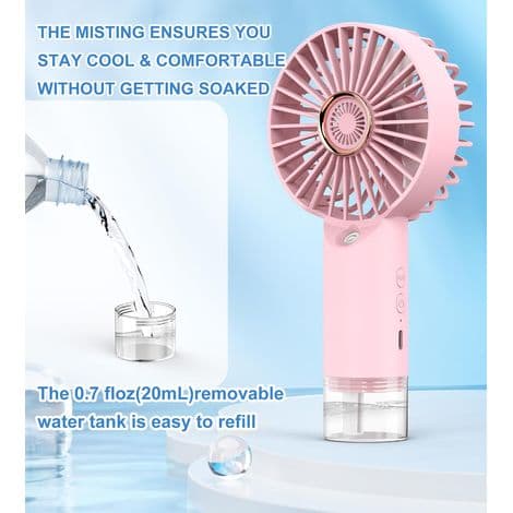 Mini bærbar ventilator med befugtningsfunktion, USB-opladning, støjsvag drift og tre blæserhastigheder