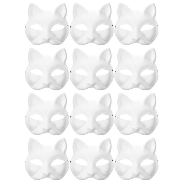 12 stk Blank Mask Kattemasker Kostume Cosplay Mask Børnehave Gør-det-selv Umalet Kattemaske