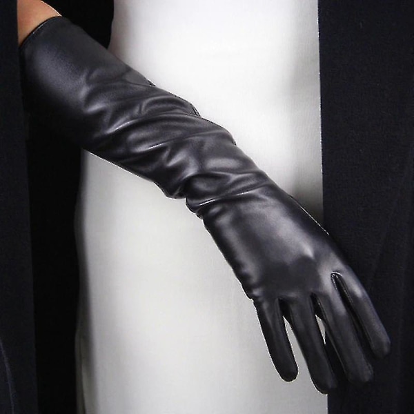 Sexede sorte punk lange pu læderhandsker kvinders vinter tynde fuldfinger berøringsskærm Vindtæt ridning