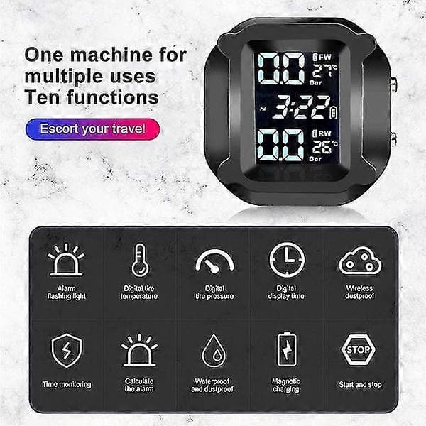 Motorcykel TPMS Däcktrycksövervakningssystem Däcktemperaturlarmsystem LCD-display Externa Däcktrycksensorer Larmsystem