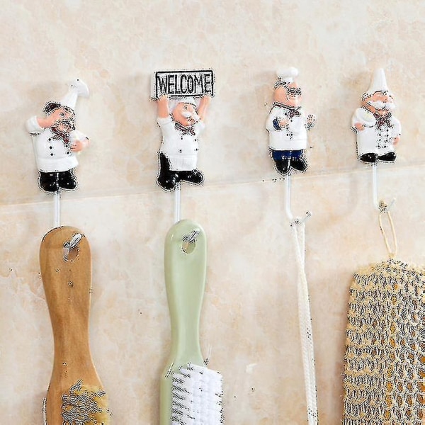 Pakke med 4 harpiks fransk kokk figur veggkroker dekorative kokk veggfeste stativ krokhenger (assortert stil)