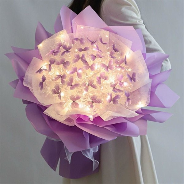 Hårbånd Nytt 52 stk sommerfugler Blomsterbukett gavesett med LED-lys Flotte gaveideer til Valentinsdag, bursdag, jubileum, forlovelse Purple One Size