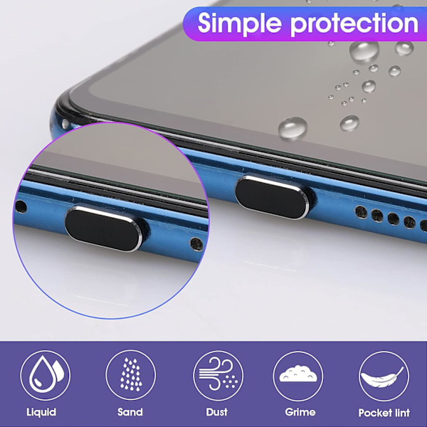 6 stycken C-port dammskydd plugg laddningsport skydd USB C-port skydd C-typ metall dammtät plugg (svart)