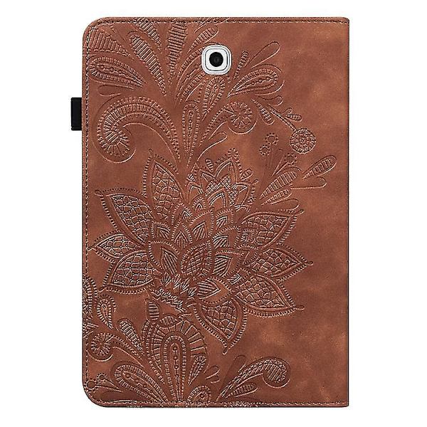 Läderfodral med flik för Samsung Galaxy Tab S2 9.7 T810/t815, horisontellt, med mönster av spetsblommor, stativ, kortfack, plånbok och fotoram Brown