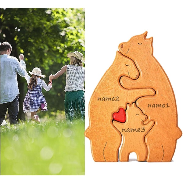 Bear Family Art Puzzle, Wooden Art Puzzle Bears, Bear Familys Trästaty, Wooden Bears Desktop Ornament, Present för familjen A family of 3