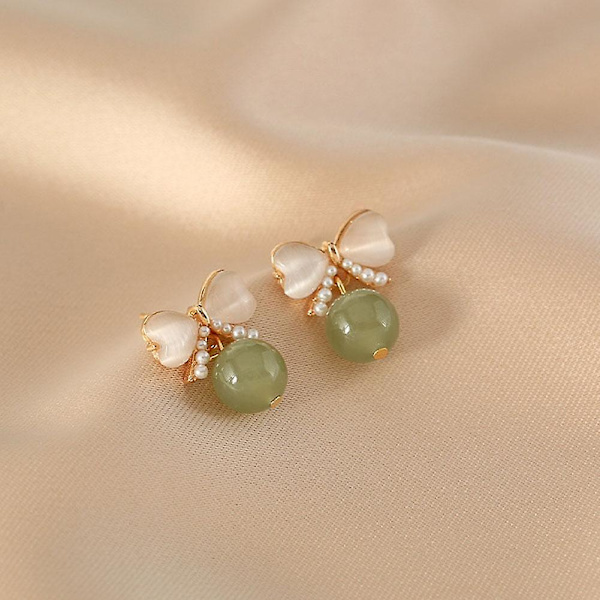1 PAR GENTLE GREEN CAT'S EYE STONE BÅGE ÖRHÄNGEN SMÅ ÖRHÄNGEN