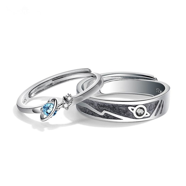 2pcs For Saturn Planet And Stars Universe 925 Sterling Silver Lover Rings Band Set