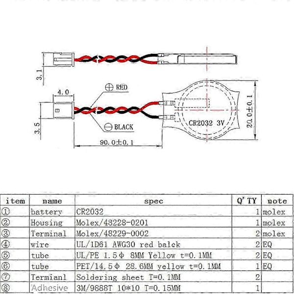 5 stk./sæt CR2032 2032 Batteriledning 2 Pin Laptop Bundkort BIOS CMOS Batteri Med Ledning Adskil Batteri Udskiftning
