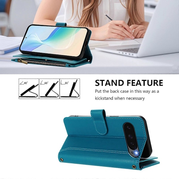 Magnetisk Stängning 9 Kortplatser Dragkedja Läderfodral med Handrem Turquoise For Google Pixel 10 5G Global