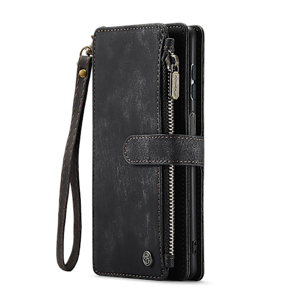 Samsung Galaxy A12 CaseMe-C30 PU + TPU Monitoiminen Vaakasuuntainen Käännettävä Nahkakotelo Pidikkeellä, Korttipaikalla, Lompakolla ja Vetoketjutaskulla Black