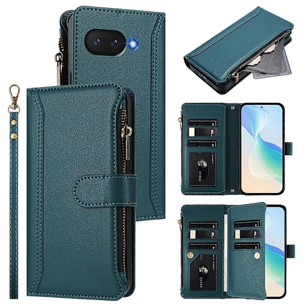 Magnetisk Stängning 9 Kortplatser Dragkedja Läderfodral med Handrem Dark Green For Google Pixel 9a