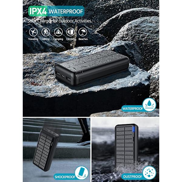 Solar Power Bank 30000mAh Lader: Bærbar Powerbank med 2 USB & LED Lommelykt Utendørs Camping for Telefoner og Nettbrett