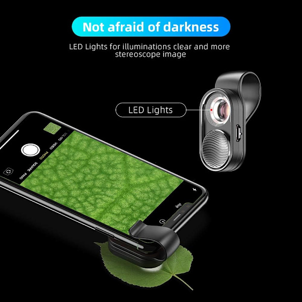 100x mini mikroskop, egnet til smartphone kamera, bærbar LED-belysningslinse med USB-ladekabel.
