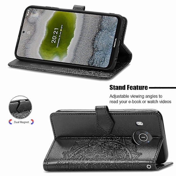 Nokia X10 Mandala Kukka Kohokuvioitu Vaakasuuntainen Käännettävä Nahkakotelo Jalustalla / Korttipaikalla / Lompakolla / Nauhalla Black