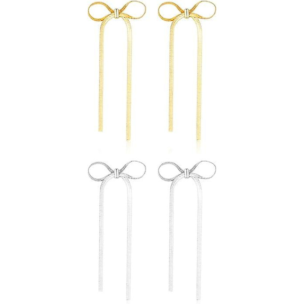 Örhängen med rosett för kvinnor, guld silver rosett dinglande droppörhängen lång tofs kedja rosett knut örhängen för bröllop trendiga smycken gåva Gold and silver 2Pairs