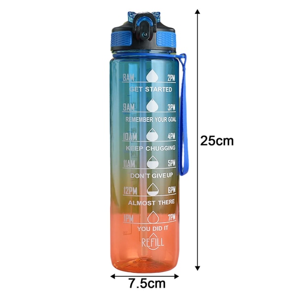 1000 ml Gradient Color Vesipullo Ruokalaatuinen BPA-vapaa Urheiluvesipullo vaakahihnalla Vuotamaton Gym Fitness Water Cup C