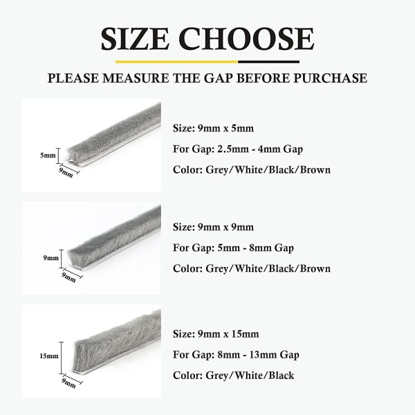 Selvklæbende børste, vejrafisolering, 6 M(l) X9 Mm(b) X 15 mm(t), Dørbørstestrimmel af filt med høj tæthed til skydedøre Vinduesgarderobeforsegling