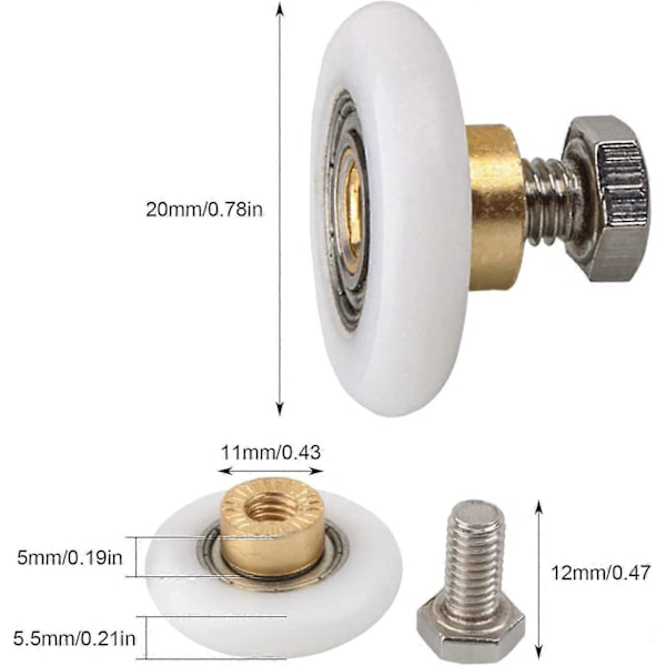 Dusjdorrulle, Rulle Caster Hjul For Dusjdorr Skyve Ruller Dør Rulle Erstatningshjul 4stk (20mm)