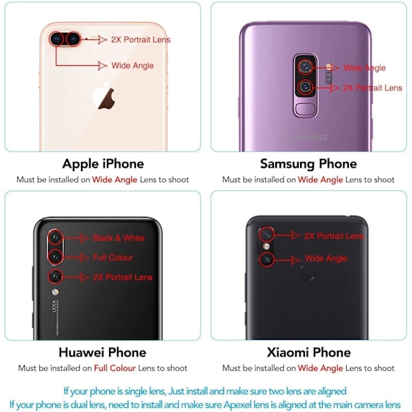 Ti-i-en mobiltelefon kameralinse plug-in, vidvinkelobjektiv, makroobjektiv, fiskeøjeobjektiv, teleobjektiv, kalejdoskop 3/6 linse CPL/Flow/Star/Radial