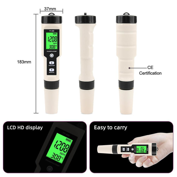 4 i 1 YY-400 PH/ORP/H2&TEM Meter Digital Hydrogen Ion Concentration Tester for akvarium, svømmebasseng, bakgrunnsbelysning