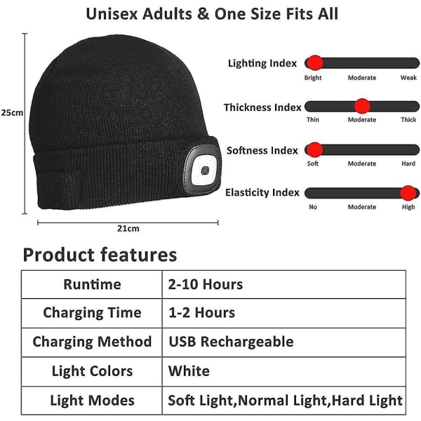 Unisex Led Beanie Cap med lys. Usb Oppladbar Hands Free 4 Led Hodelykt Hat.