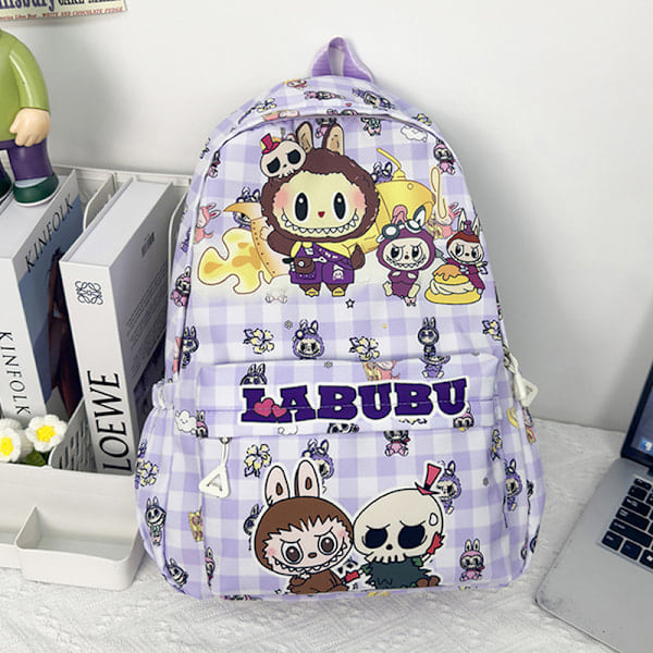 Labubu Tecknat Mönster Ryggsäck Stor Kapacitet Axlar Presenter Väska Barn-33x27x12cm lila-B