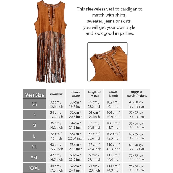 4-delers kvinner hippie kostyme sett frynser vest Faux Seude dusker Vest X-Large