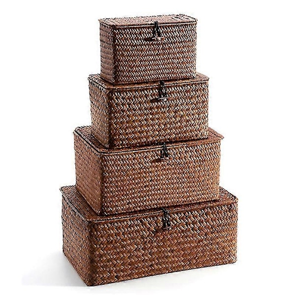 Vävda Halmförvaringskorgar med Lock - Set om 4 - Rektangulär Sjögräs Korg/Förvaringskorg för Hyllorganisatör