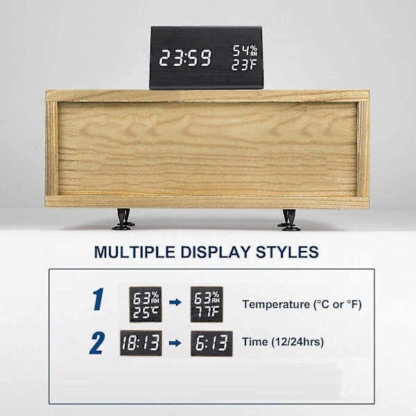 Digital vækkeur med trædesign og LED-display, 3 alarmindstillinger