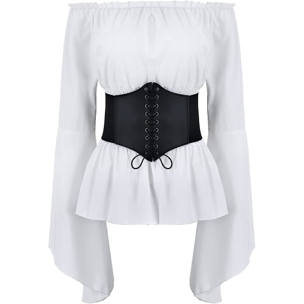 Dame renæssance bluse toppe korset talje bælte middelalderlig victoriansk off-skulder langærmet skjorte Pirate Cosplay kostumer White Medium
