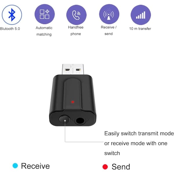 Bluetooth 5.0 -sovitin 3-in-1 USB langaton lähetin ja vastaanotin