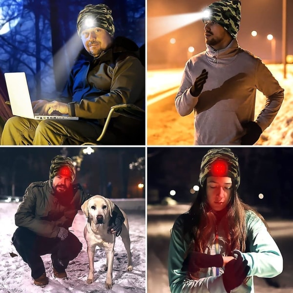 Beanie med lys og rødt advarselslys, USB-genopladelig LED-beanie med 3 lysstyrkeniveauer, håndfri pandelampe (camouflage)