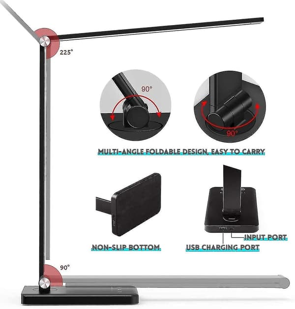 Skrivebordslampe LED med trådløs lading, USB-lading, kontor