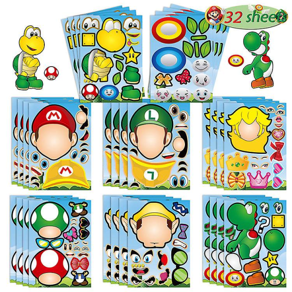 Mario-klistermärken för barn, 32 ark Gör Face Crafts-dekal för resor Flygplan Bil Klassrumsaktiviteter Klistermärken, födelsedagsdekorationstillbehör Fest