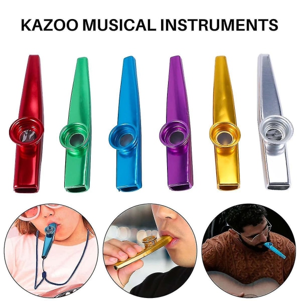24-pak metal kazoos med 24 stk fløjtemembraner 6 farver, god til ukulele, violin, guitar, klaver