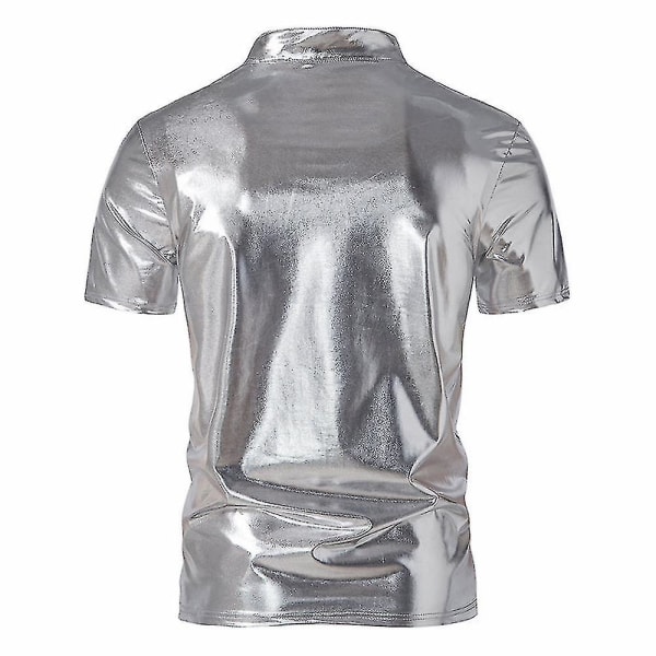 Menn V-hals Sparkle Kortermede skinnende poloskjorter 70-tallet 80-tallet Disco Party Uformelle T-skjorter T-skjorter Silver 2XL