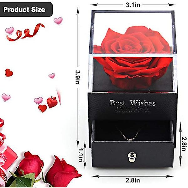 Præserveret Ægte Rose med Hjerte Halskæde Gaveæske, Håndlavet Evig Ægte Rose til Valentinsdag Bryllupsdag Fødselsdagsgaver til Hende Kvinder Red