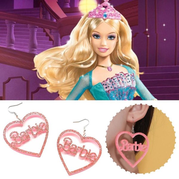 Barbie Pink Heart Øreringe Glitter Akryl Hjerteformede Bogstaver Hule Øreringe Moderigtige Barbiestyle øreringe