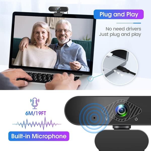 Dancial Webcam med mikrofon 1080P Full HD USB Webkamera til Mac Windows Laptop Videoopkald Konference Spil Plug And Play