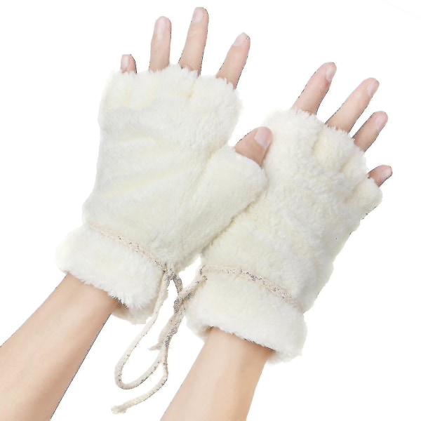 Kvinnors Björn Plysch Cat Paw Claw Glove Vit Mjuk Vinter Fingerless Mitten Handskar Vit-HYJ