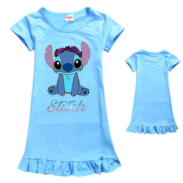 7-14 år flickor söta Lilo & Stitch tryckta kortärmade pyjamas nattkläder klänning pyjamas nattlinne nattkläder ljusblå Light Blue 9-10Years