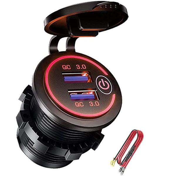 Qc 3.0 Dobbel USB Laderkontakt, vanntett 12V/24V USB Uttak Med Berøringsbryter For Bil, Båt, RV, Mo