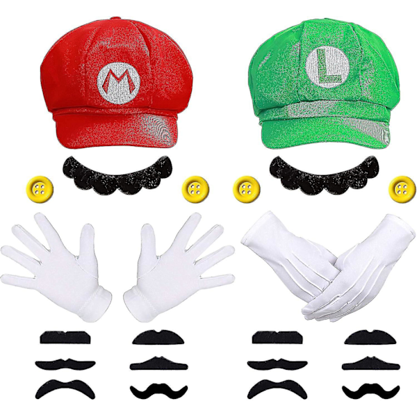 Mario ja Luigi -hatut cosplay-asuun - Super Mario Bros -viikset, hanskat ja napit