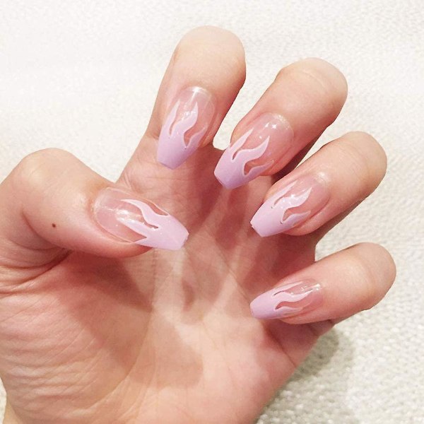 24 stk Press On False Nails Flame Kiste Firkantet Akryl Fake Nails Brannlim på fingernegler For kvinner Jenter Gjør-det-selv manikyrsalong, rosa-hvit pink